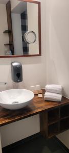 y baño con lavabo blanco y espejo. en Kreuzblume Hotel & Weinstube en Friburgo de Brisgovia