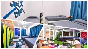 two photos of a room with two beds and tables at Penang Dream Banglo Sleeps 65 in Tanjung Bungah