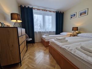 sypialnia z 2 łóżkami i oknem w obiekcie Apartament na Błoniach w mieście Sanok