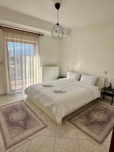 a large bed in a bedroom with a large window at Living Home Trikala in Tríkala
