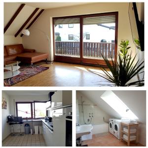 two pictures of a living room and a kitchen at Beautiful 3 rooms apartment 110 m2, kostenloser Parkplatz, großer Balkon in Heßdorf