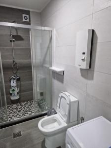 y baño con ducha y aseo. en Lux Apartman, en Strumica