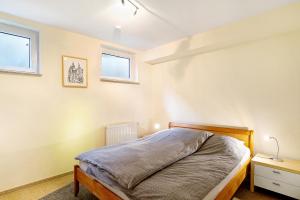 a bedroom with a bed and two windows at Ferienwohnung Schwarzwaldperle in Baden-Baden