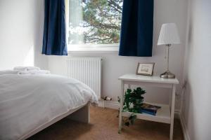 1 dormitorio con 1 cama y una ventana con cortinas azules en A 3 bedroom apartment with parking in central Kingsbridge, en Kingsbridge