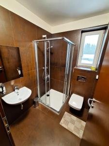 a bathroom with a shower and a toilet and a sink at Penzión Stavbet in Svidník