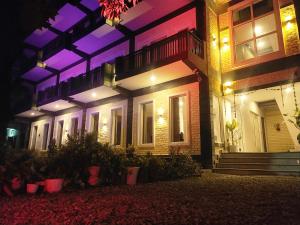 ein Gebäude mit lila und lila Lichtern in der Unterkunft Hotel Tapovanam Rishikesh in Rishikesh