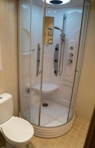 a bathroom with a shower and a toilet at Kaubi Guest Apartment in Kuressaare