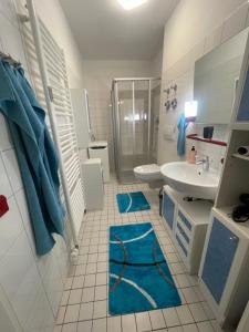 a bathroom with a blue rug on the floor at Gästewohnung Elegance in Halle an der Saale