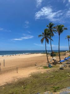 einen Sandstrand mit Palmen und dem Meer in der Unterkunft Surpreenda-se excelente apartamento com vista mar in Salvador