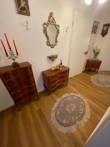 a living room with a dresser and a mirror at Gästewohnung Elegance in Halle an der Saale
