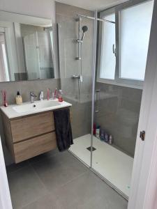 La salle de bains est pourvue d'un lavabo et d'une douche. dans l'établissement Gran Canet luxury apartment with sea view, à Canet d'En Berenguer