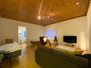 a living room with a couch and a tv at Apartment MUMMOLA in Rovaniemi