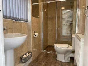 a bathroom with a toilet and a sink and a shower at Elm, Large 5 Bedrooms, Sleeps 10 With Parking in Birmingham