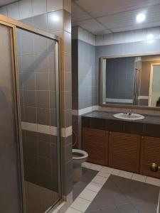 a bathroom with a toilet and a sink and a mirror at Riverbank Suites Kuching Waterfront in Kuching
