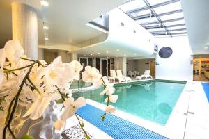 une piscine intérieure avec des fleurs blanches dans une maison dans l'établissement Wellton Centrum Hotel & SPA, à Riga