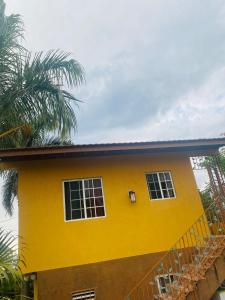 een geel huis met twee ramen en palmbomen bij Montego Bay, Ironshore Luxury Studio in Montego Bay