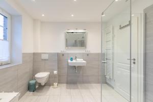 a bathroom with a toilet and a sink and a shower at Kleine Flucht in Tating