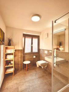 e bagno con servizi igienici, lavandino e doccia. di Stadthaus Neckarsulm serviced apartments - Stadthaus Schrade a Neckarsulm