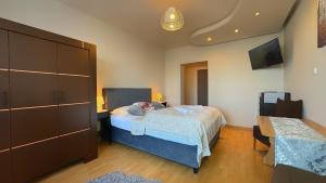- une chambre avec un lit, une commode et une télévision dans l'établissement Villa Broniewskiego, à Zakopane