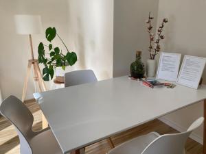 a white table and chairs in a room at moderne 2-Zimmer-Wohnung mit Terrasse in Tönnhausen