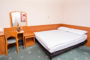 sypialnia z łóżkiem, biurkiem i lustrem w obiekcie Victory Home Rooms w Warszawie