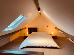 1 dormitorio con 1 cama y 2 ventanas en el ático en Camus Flats, en Bruselas