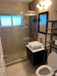 a bathroom with a shower and a toilet and a sink at Modern and spacious 4 B/R + 2 bath house in Westbury