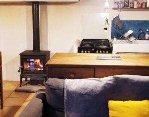 a kitchen with a stove and a couch with a fireplace at Soulié du Tarn avec magnifique vue sur la rivière et la vallée in Réquista