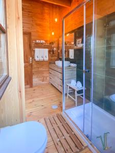 ein Bad mit einer Dusche und einem WC in der Unterkunft Vale do Laranjal in Setúbal