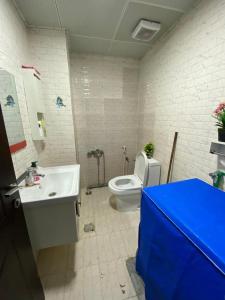 bagno con servizi igienici e lavandino con cabina blu di MY STAY a Abu Dhabi