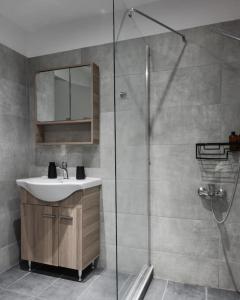 a bathroom with a sink and a shower at Your Cosy Perch in the Heart of the Athenian Buzz in Athens
