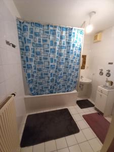 La salle de bains est pourvue d'une douche avec un rideau bleu et blanc. dans l'établissement Tolle private 2-Zimmer Wohnung im Szene Bezirk Berlin-Friedrichshain, à Berlin