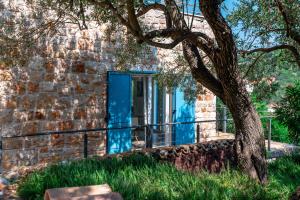 una porta blu su una casa in pietra con un albero di Marceline a Prvić Luka (Provicchio)