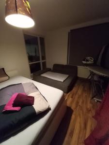 a small bedroom with a bed and a couch at Tolle private 2-Zimmer Wohnung im Szene Bezirk Berlin-Friedrichshain in Berlin