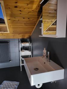 ein Badezimmer mit einem Waschbecken und einer Holzdecke in der Unterkunft Albergo Gasthof Salurn in Salurn
