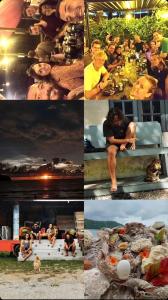 a collage of photos of people sitting around a table at Boxpackers Langkawi in Pantai Cenang