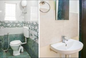 2 fotos de un baño con aseo y lavabo en The Guest house, en Pune