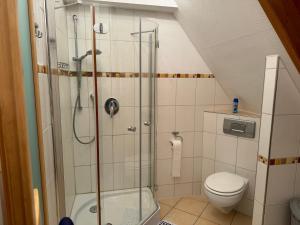 y baño con ducha y aseo. en DG Wohnung in Schwenningen, en Villingen-Schwenningen