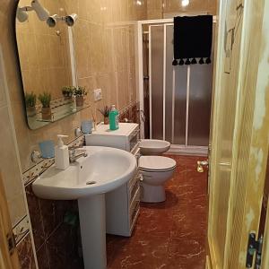 ein Badezimmer mit einem Waschbecken, einem WC und einem Spiegel in der Unterkunft Pililla in Bedmar