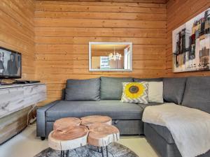 Holiday Home Ruokovirran mökki by Interhome في سيلينيارفي: غرفة معيشة مع أريكة رمادية وجدران خشبية
