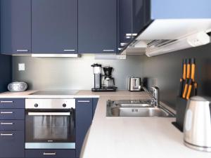 a kitchen with blue cabinets and a sink at Holiday Home Saana 3 by Interhome in Kilpisjärvi +18 photos