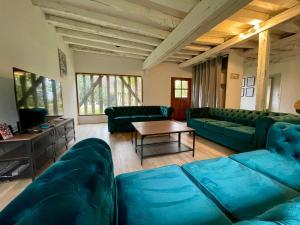 ein Wohnzimmer mit blauen Sofas und einem Tisch in der Unterkunft villa festive HOMAZING piscine privée 2h de Paris in Choué
