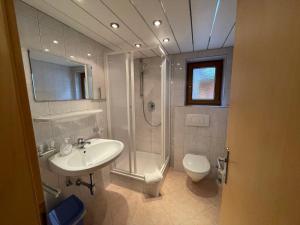 La salle de bains est pourvue d'un lavabo, d'une douche et de toilettes. dans l'établissement Holiday Home Zentral - PET211 by Interhome, à Pettneu am Arlberg