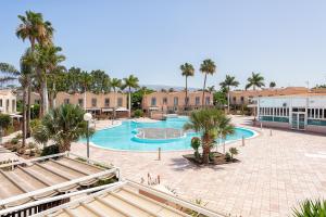 a resort with a swimming pool with palm trees and buildings at Bungalow Green Oasis Club in Maspalomas