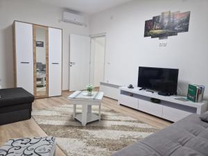 Il comprend un salon doté d'un canapé et d'une télévision à écran plat. dans l'établissement Apartman Mihajlovic Brus, à Brus