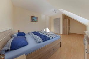 拉退采的住宿－Apartment Pr' Kavač，卧室内的一张带蓝色枕头的大床