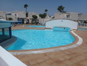 een groot zwembad met blauw water bij Alisios Playa, pool view in Corralejo +5 foto's