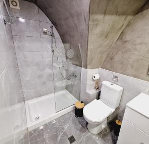 y baño con ducha, aseo y bañera. en THOMAS LUXURY APARTMENT in the historical center of Ioannina, en Ioannina