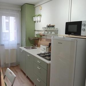 Una cocina con un refrigerador blanco y una estufa. en Harmonyhouse, en Brasov