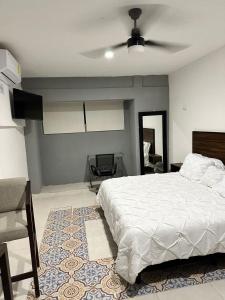 1 dormitorio con 1 cama y ventilador de techo en Apartamentos 31 en Progreso